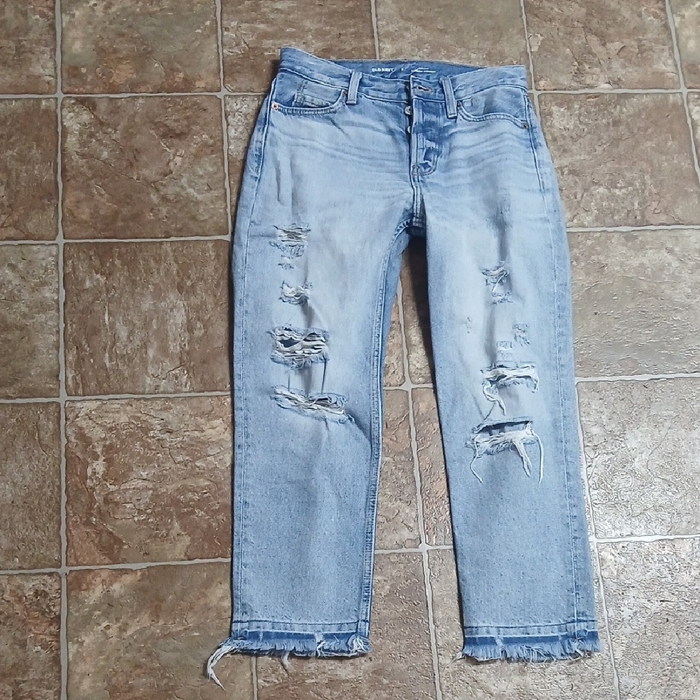 EUC Old Navy Slouchy Straight High Rise Distressed Ripped Light Blue Jean Size 0